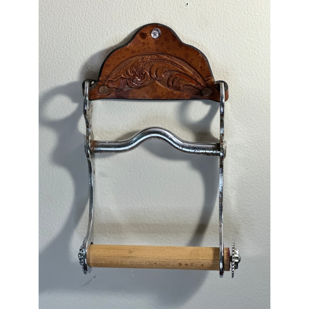 Vintage Western Horse Bit Toilet Paper Holder Tooled Leather Rustic Decor